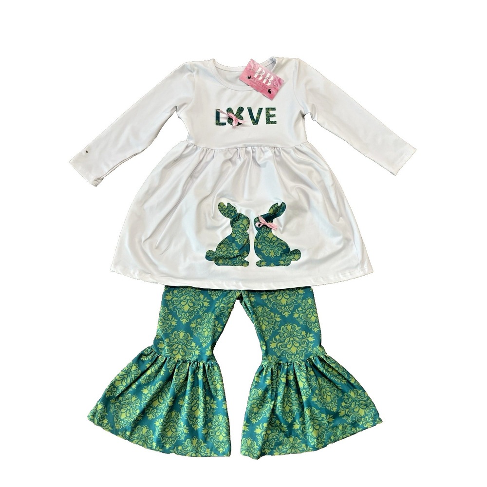Bella Boutique Sz 3T Love Bunny Ruffled Pants Long Sleeve‎ Top Girls Outfit NWT